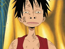 monkey d luffy from one piece is making a funny face while standing in front of a yellow background .