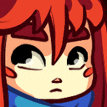 a close up of a cartoon character 's face with red hair and a blue scarf around her neck .