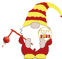 a cartoon gnome holding a lantern and a sign that says ' 2123 ' on it