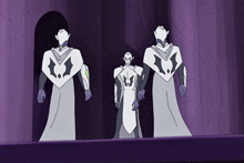 a group of three cartoon characters are standing next to each other in a dark room .