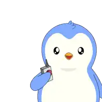 a blue and white penguin is holding a remote control