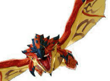 a red and yellow dragon with wings is flying in the air .