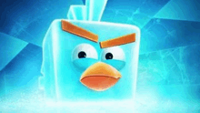 a close up of an angry birds ice cube with an angry face on a blue background .