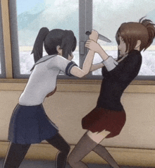 two anime girls are fighting over a knife