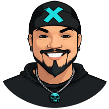 a cartoon drawing of a man with a beard and a blue x on his hat