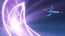 a cartoon character in blue pants is flying through the air with a purple light behind him