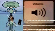 squidward from spongebob is wearing headphones and listening to music .