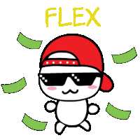 a cartoon character wearing sunglasses and a red hat with the word flex written above him