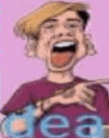 a cartoon of a man laughing with his mouth open and a purple shirt on .