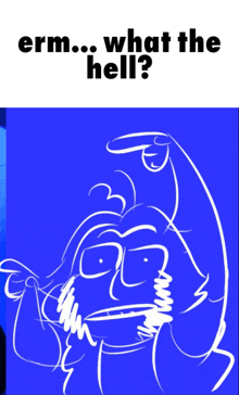 a blue and white drawing of a person with the words " erm what the hell " on the bottom