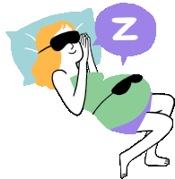 a woman wearing a sleep mask is sleeping with a speech bubble that says nz