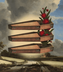 a painting of three coffins stacked on top of each other