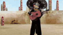 a cartoon character wearing a sombrero and playing a guitar