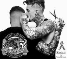 a poster for the lions barber collective shows a tattooed man getting his hair cut