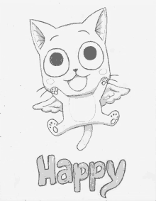 a black and white drawing of a cat with the word happy underneath it