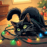 a black cat laying on the floor with christmas lights around it