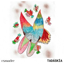 a child 's drawing of a colorful bird with carrots around it and the name tadaskia underneath it