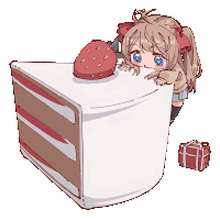 a drawing of a girl peeking over a piece of cake with a strawberry on top