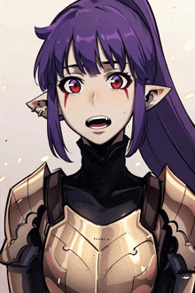 a girl with purple hair and red eyes is wearing a gold armor