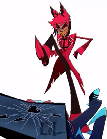 a cartoon character is standing on top of a broken window .