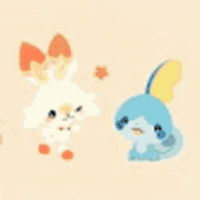 a rabbit and a water pokemon are sitting next to each other on a white background .