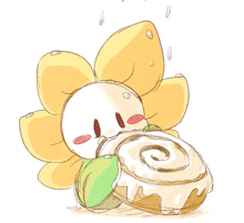 a cartoon flower is eating a cinnamon roll .