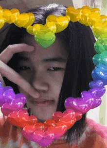 a girl making a heart shape with her hands with rainbow colored hearts around her face