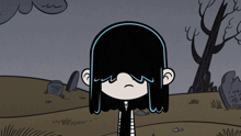 a cartoon of lucy from the loud house stands in front of a grave