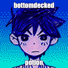 a pixel art of a boy with blue hair and the words bottomdecked potion on the bottom