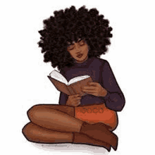 a cartoon of a woman sitting on the floor reading a book .