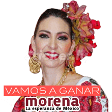 a woman with a flower in her hair and the words vamos a ganar morena on the bottom