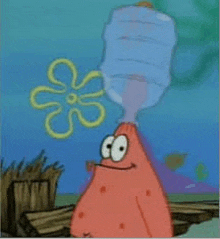 patrick star from spongebob squarepants is holding a water bottle on top of his head .