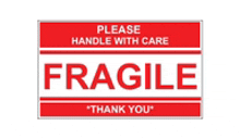 a red sign that says please handle with care fragile thank you