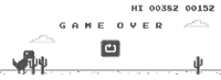 a game over screen with a dinosaur and cactus in the desert .