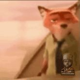 a cartoon of a fox wearing a suit and tie with a man in a helmet behind it