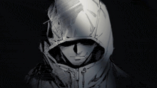 a black and white drawing of a person wearing a white hoodie