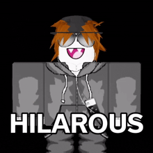 a cartoon character wearing sunglasses and a hoodie with hilarious written below him
