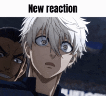 a picture of a boy with white hair and the words " new reaction " above him