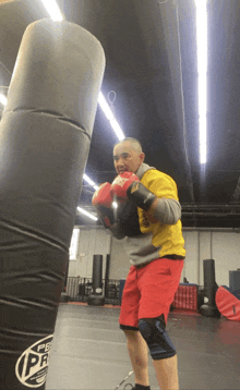 a man wearing red boxing gloves is hitting a punching bag that says ipr on it