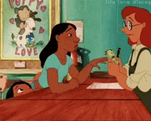 a cartoon of a woman sitting at a table talking to another woman with a picture on the wall that says puppy love