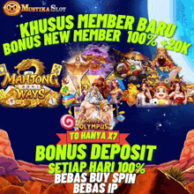 an advertisement for mustika slot shows mahjong ways and olympus slots