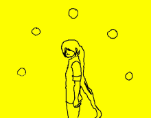 a drawing of a person standing on a yellow background with circles around them