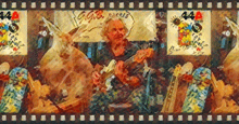 a painting of a man playing a guitar with the number 44 in the corner