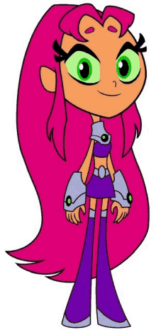 a cartoon character with long pink hair and green eyes