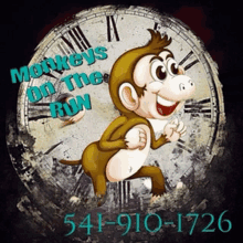 a picture of a monkey running in front of a clock says monkeys on the run