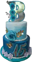 a blue and white cake with the number 15 on the bottom