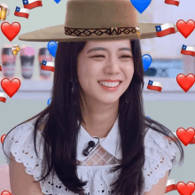 a woman wearing a cowboy hat is surrounded by hearts and chilean flags