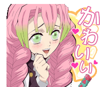 a girl with pink hair and green eyes is holding a sword