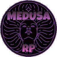 a logo for medusa rp shows a woman 's head in a circle