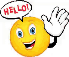 a smiley face with a hand and a speech bubble saying hello